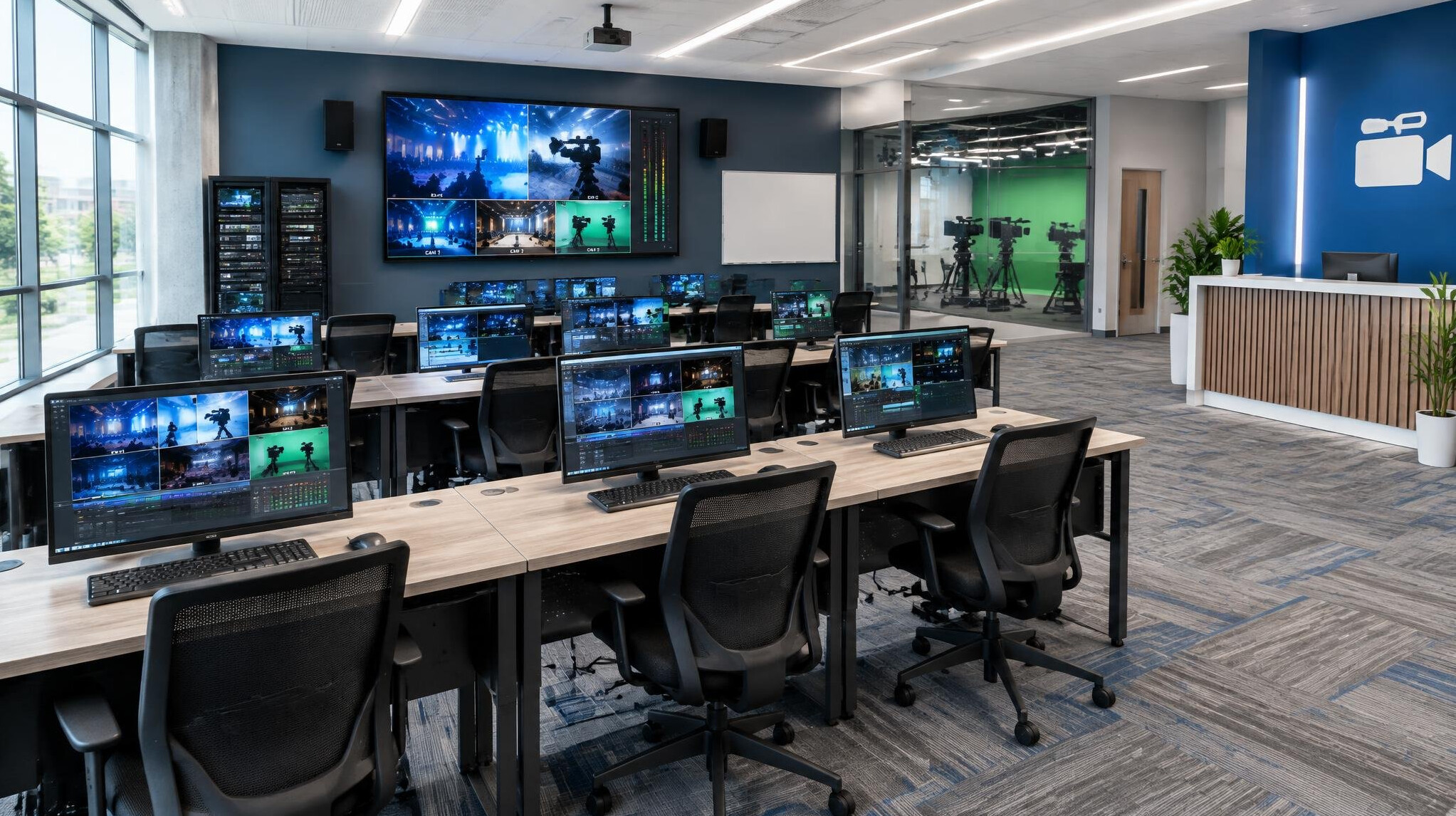Bright training room with desks, monitors and a large screen