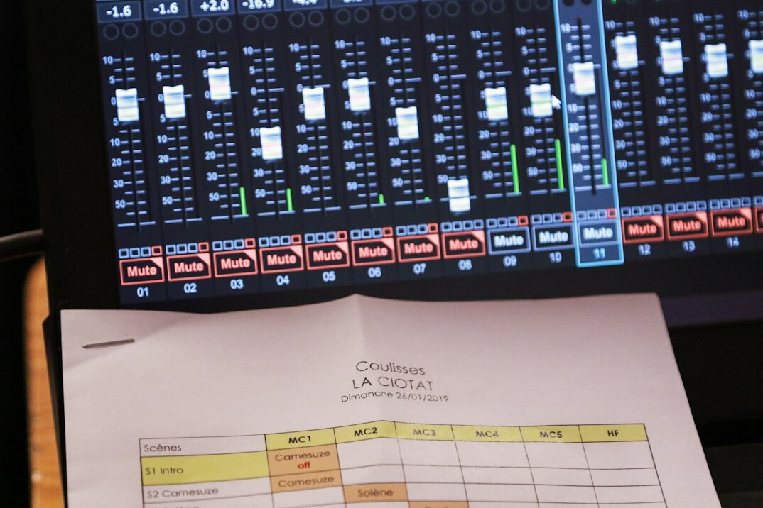 Television production gallery with a wall of monitors and operators at the desk