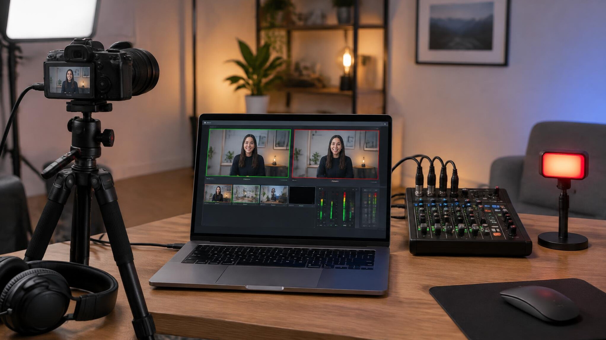 Live streaming setup with a camera, laptop and mixer on a desk