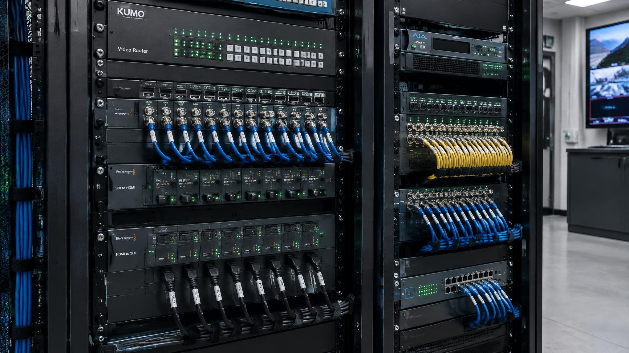 Rack of broadcast equipment with cables and glowing status lights